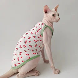 Camiseta de algodón para gatos Sphynx sin pelo con estampado de cerezas