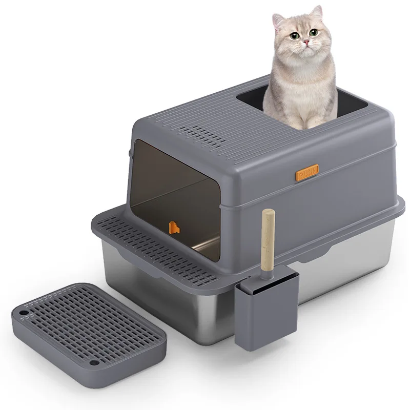 Caja de arena extra grande cerrada de acero inoxidable con diseño de puerta