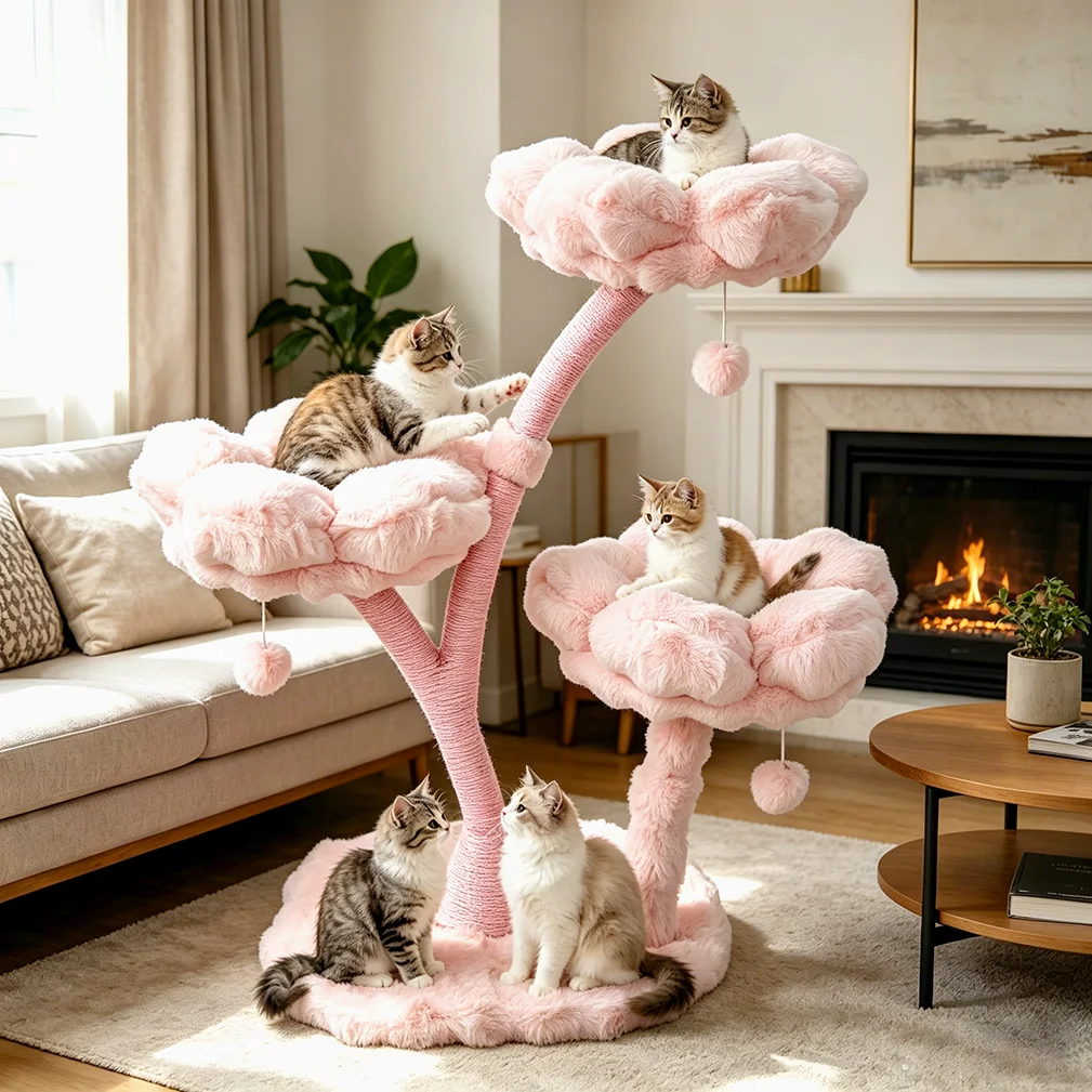 Árbol para Gatos 105 cm en Forma de Flor – Poste Rascador con Cama Acolchada y Juguete - imagen 3
