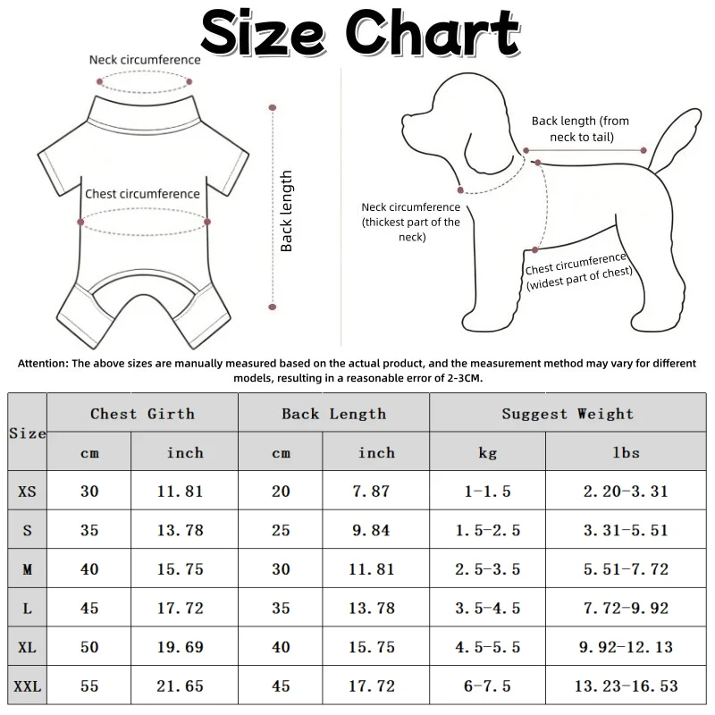 Tabla de tallas para hoodies de mascota XS a XXL