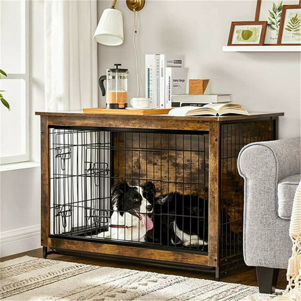 Jaula elevada de madera para perros con doble puerta y bandeja