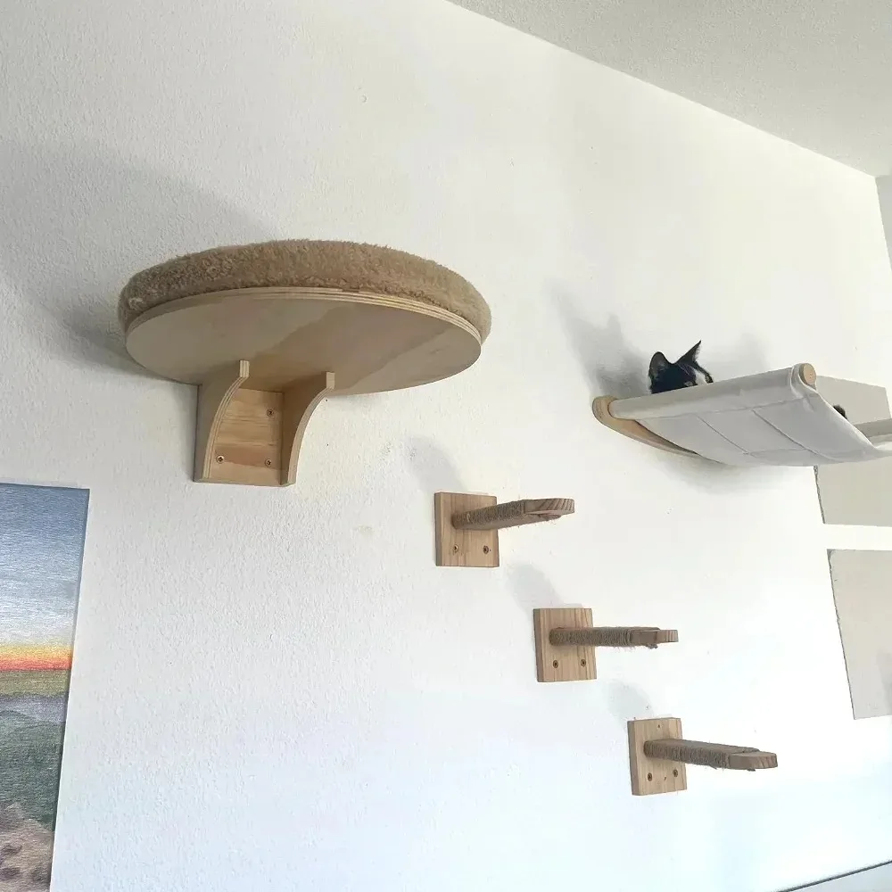 Gato jugando con juguete colgado del rascador