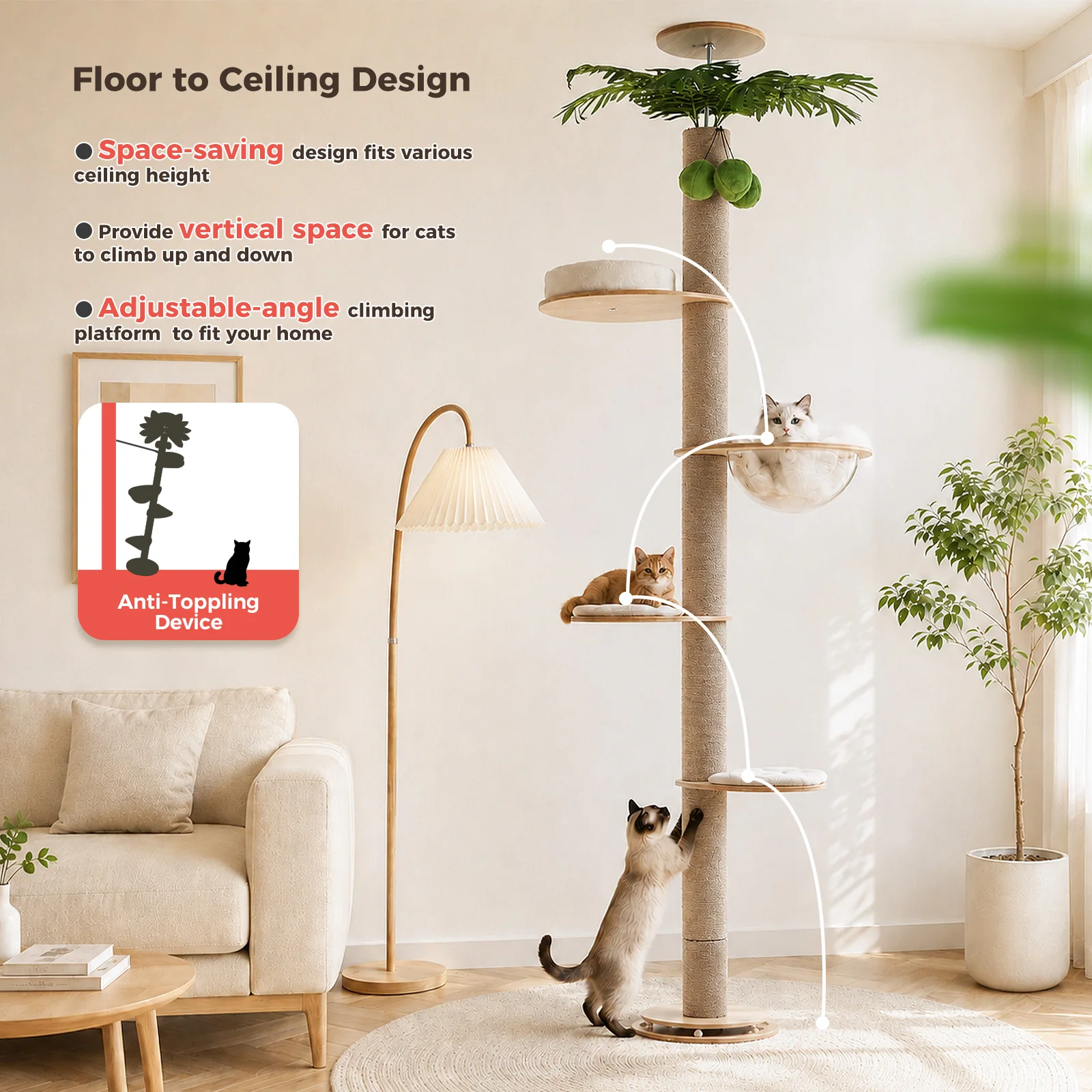 Torre para Gatos de Piso a Techo con Rascador y Cama – Árbol Ajustable - imagen 2