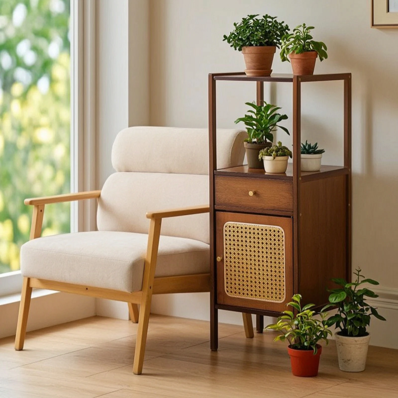 Soporte plantas con cajón y estante – Mueble delgado para salón - imagen 4