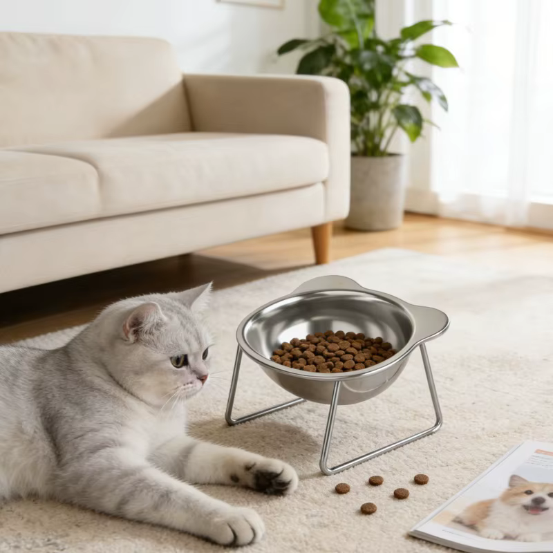 Comedero con protector de cuello que favorece una postura ergonómica para gatos