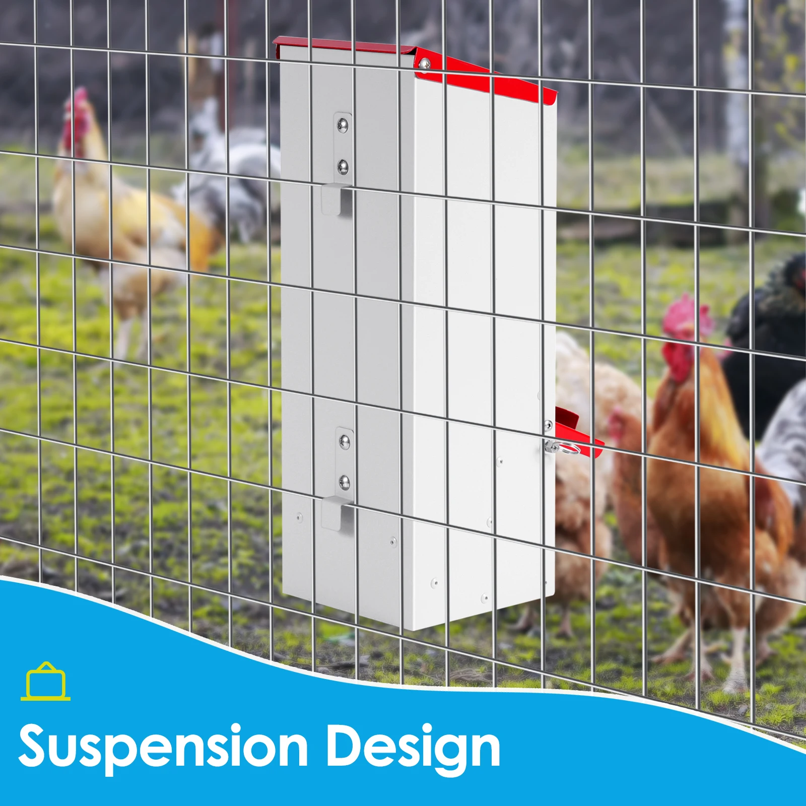 Comedero automático JIECARE para gallinas, patos y codornices con acabado blanco y tapa roja