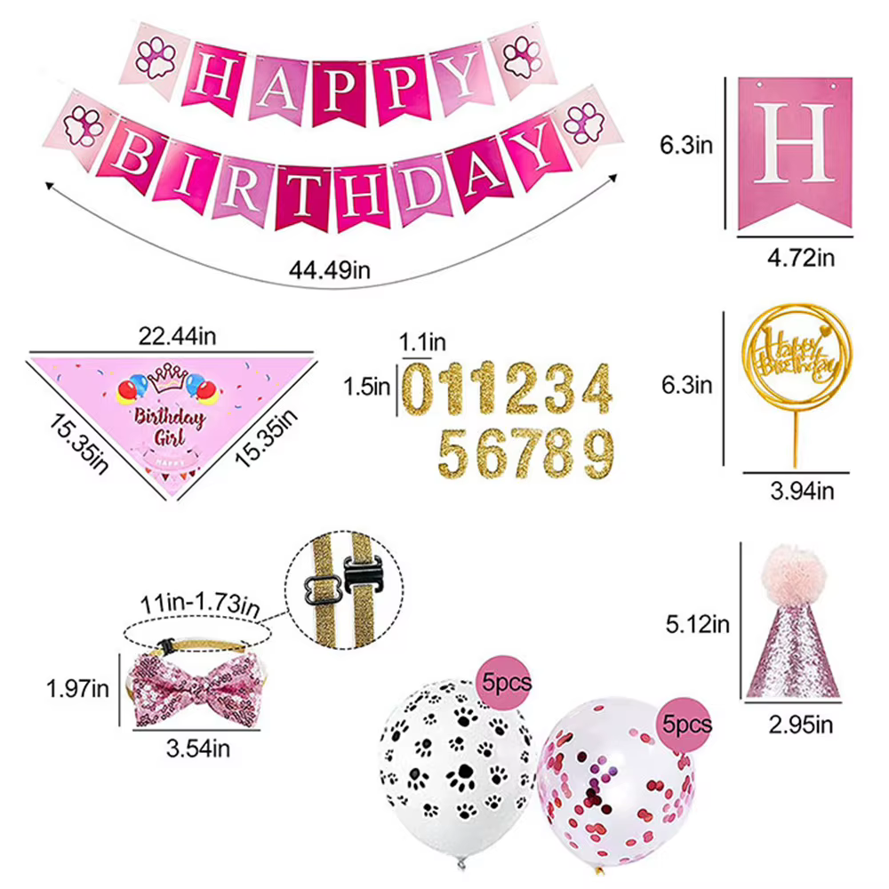 Kit fiesta cumpleaños para perro con sombrero, pancarta y globos