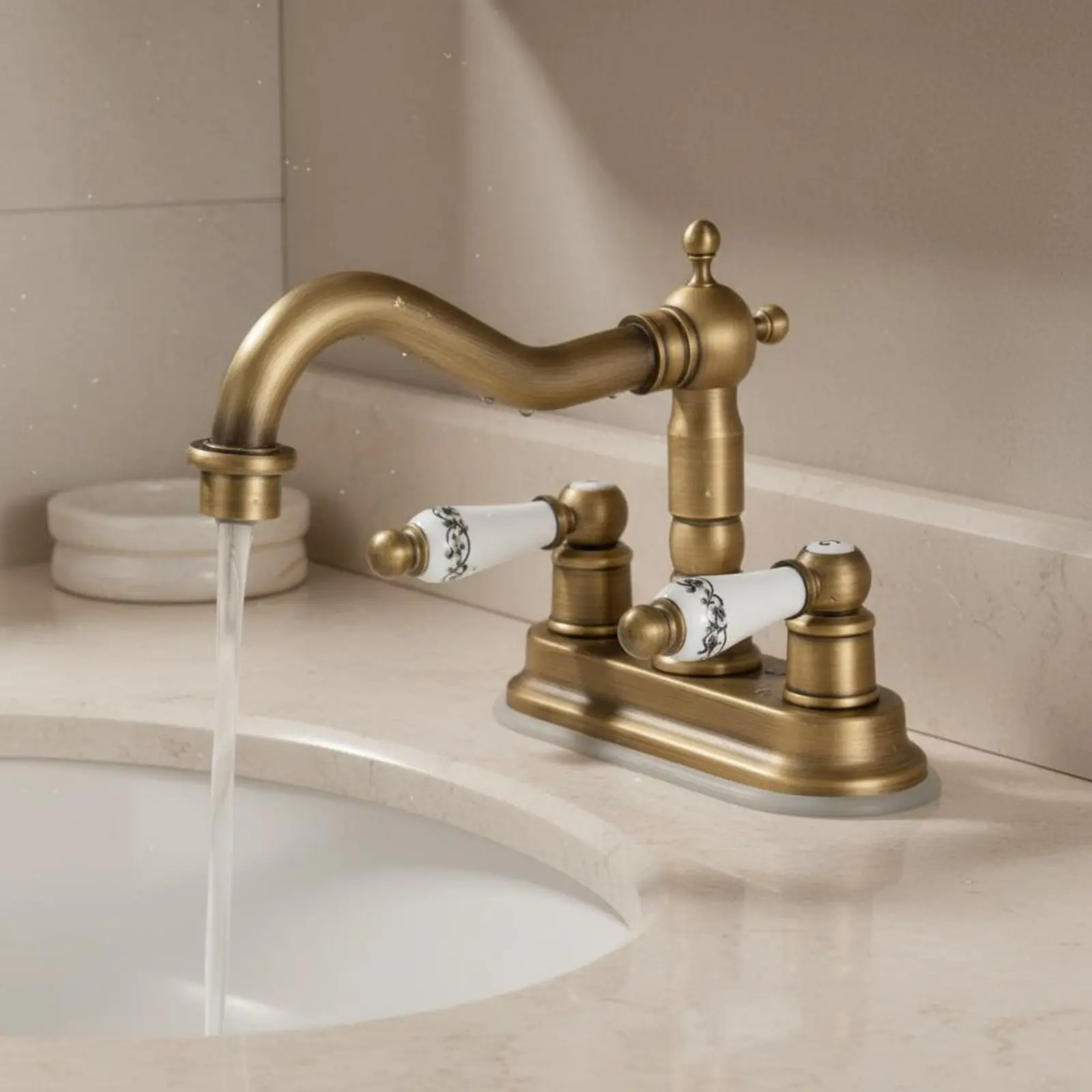 Grifo lavabo doble de bronce vintage con dos mandos para baño - imagen 4