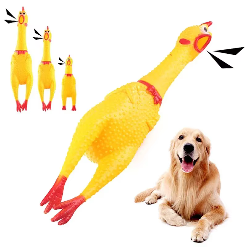 Juguete de pollo para perros en PVC amarillo