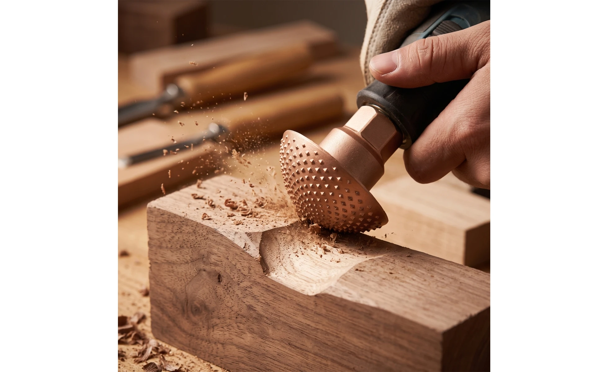 Cabezal abrasivo dorado para madera en uso