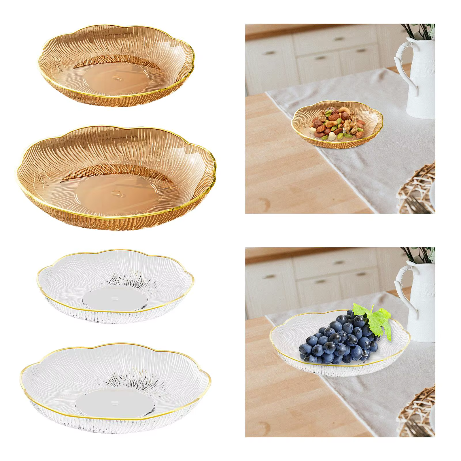 Plato transparente sobre mantel blanco con frutas y postres