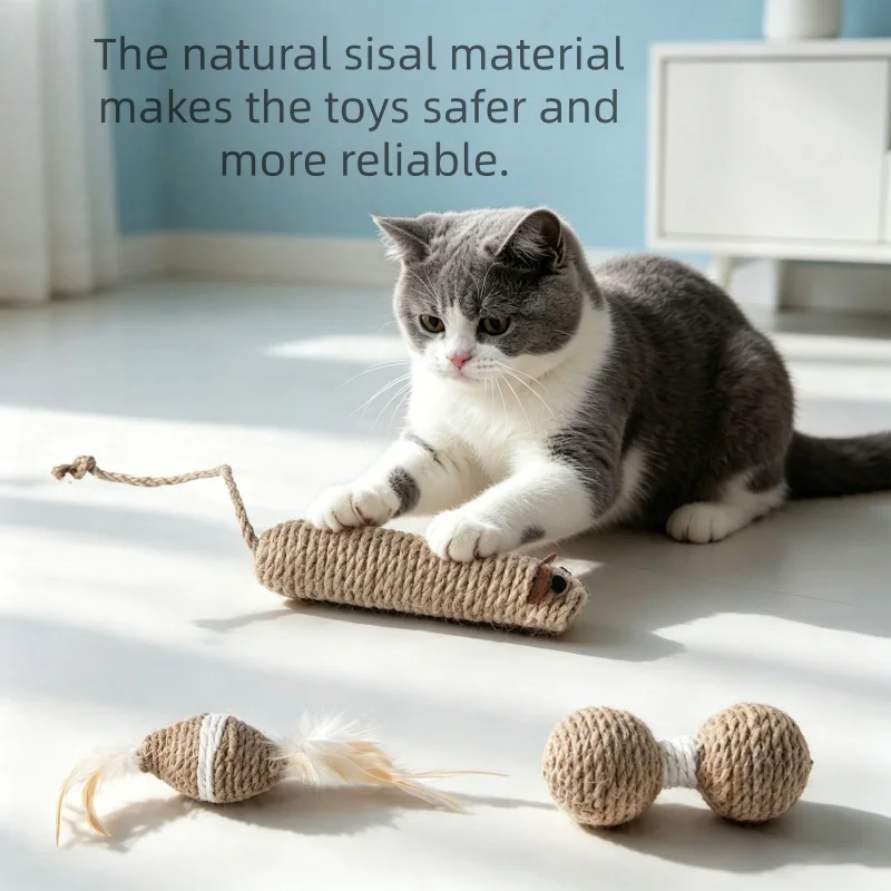 Juego de juguetes interactivos para gatos con pelota de sisal y plumas - imagen 2
