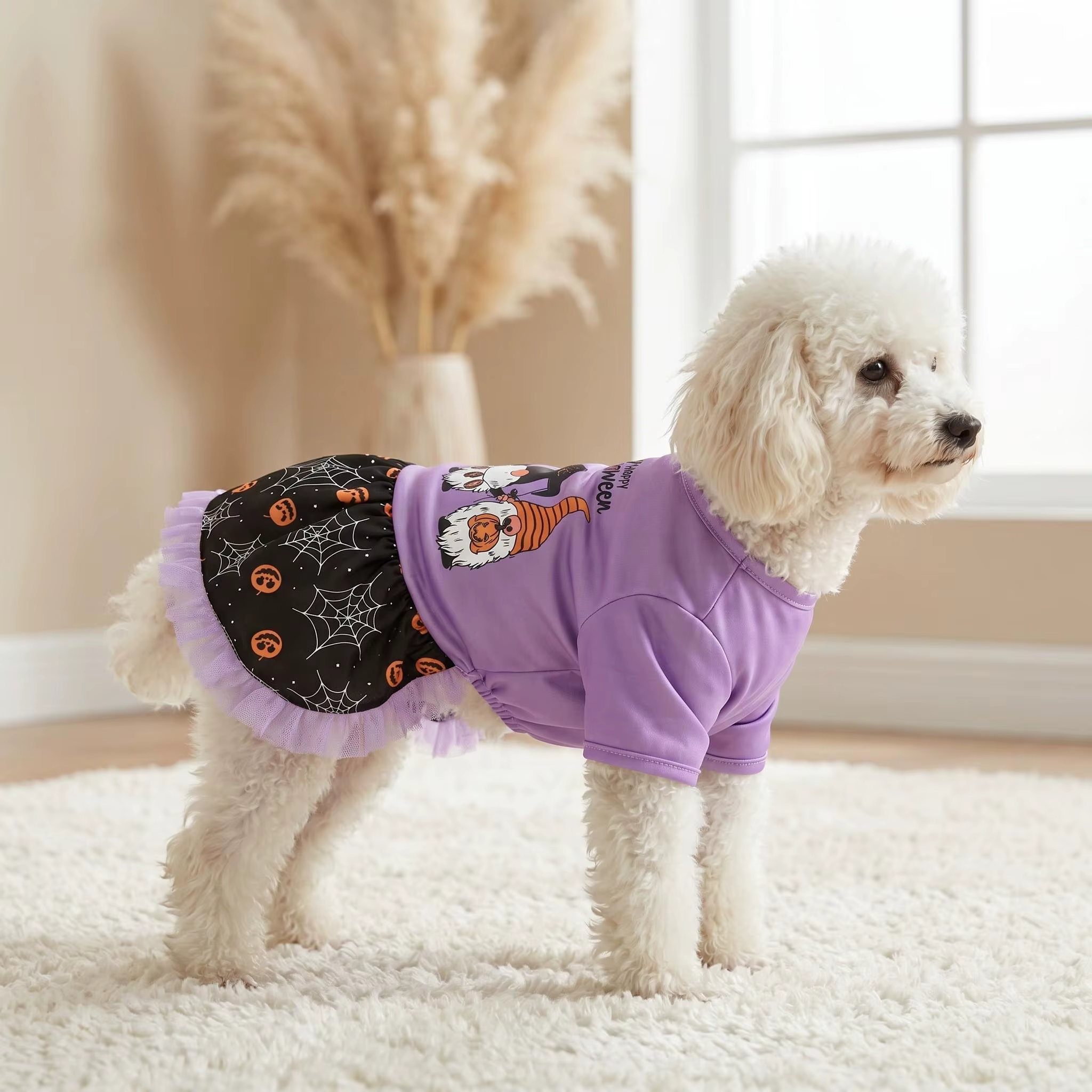 Perro usando disfraz de tul con volantes de Halloween