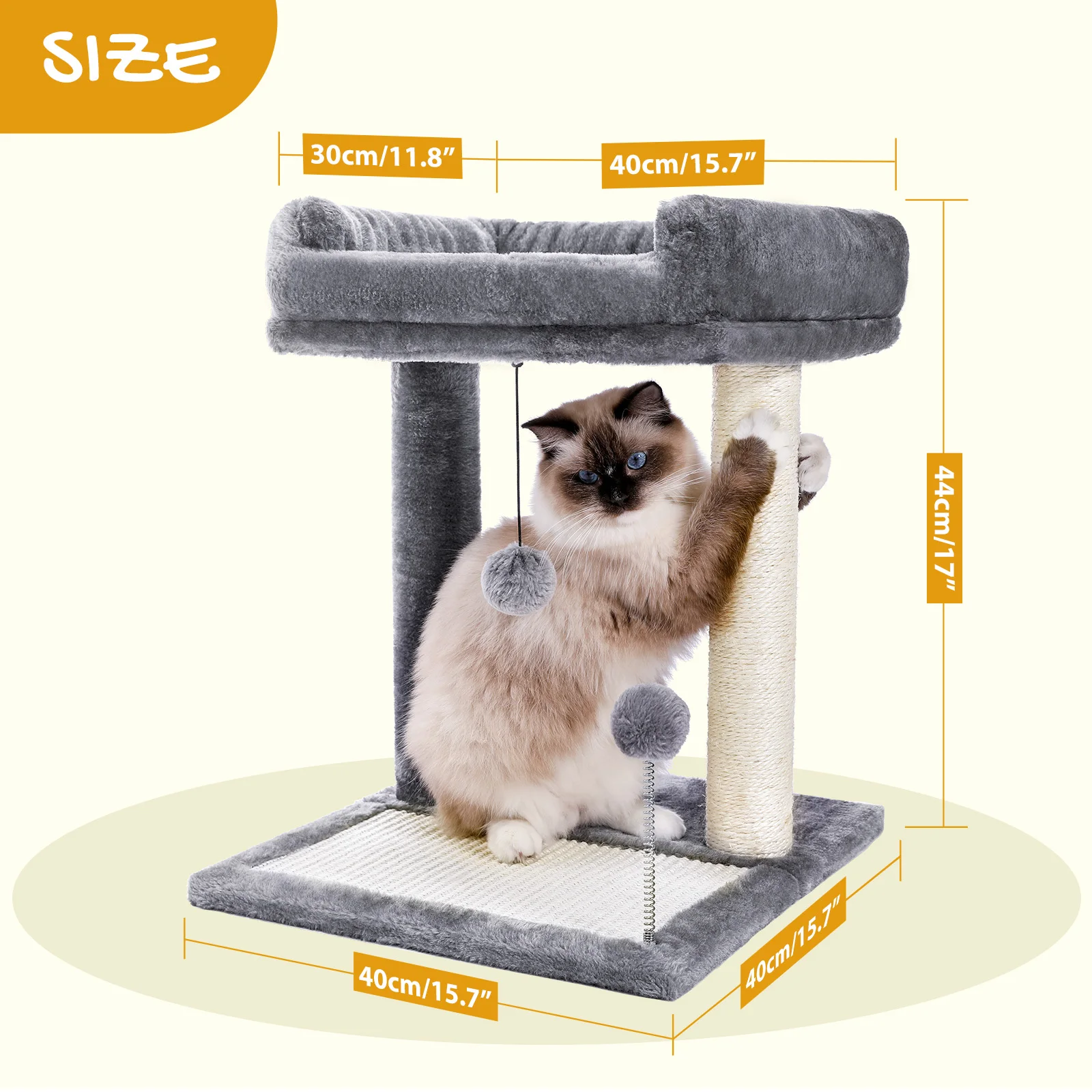 Árbol para gatos 44 cm con cama extraíble, rascador y doble poste