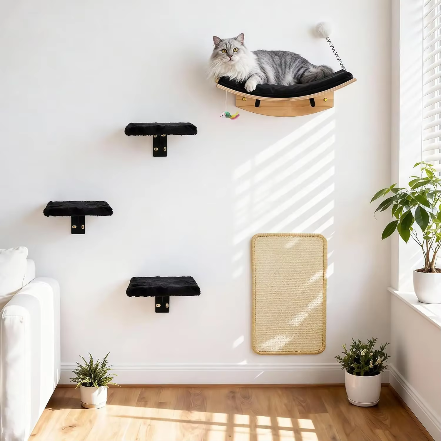 Torre para gatos montada en la pared con hamaca, escaleras y casa - imagen 3