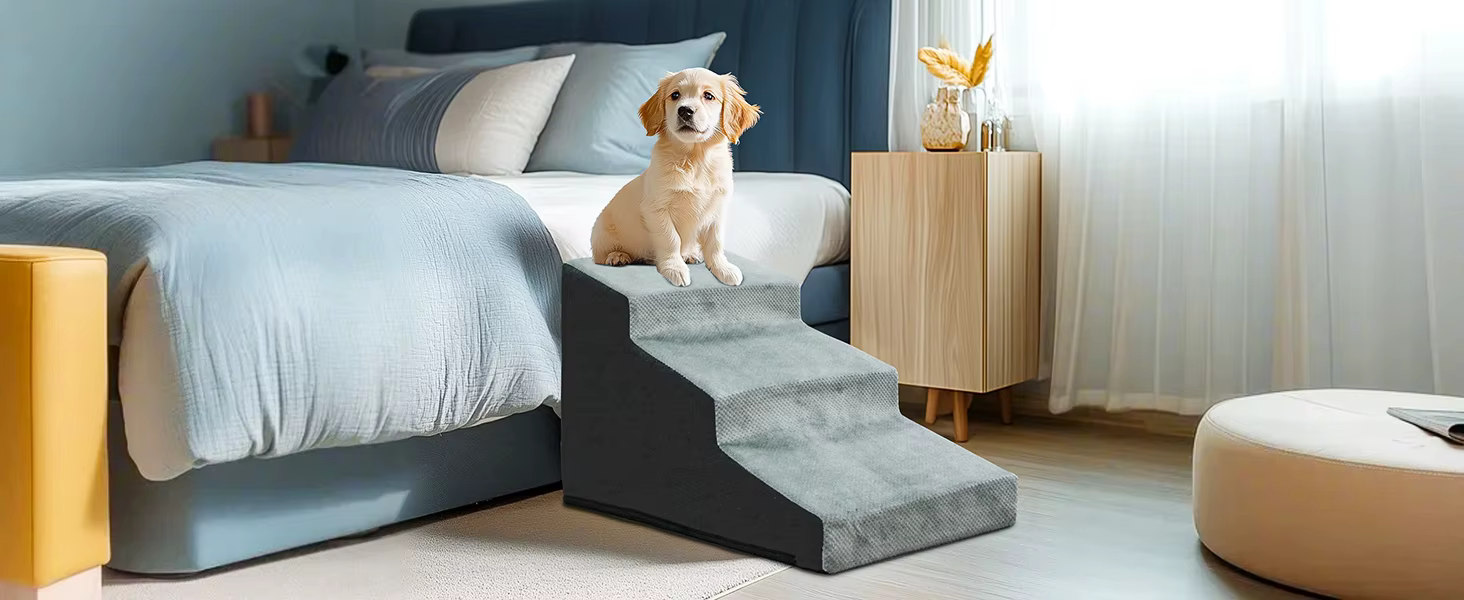 Rampa para mascotas en uso junto a un sofá