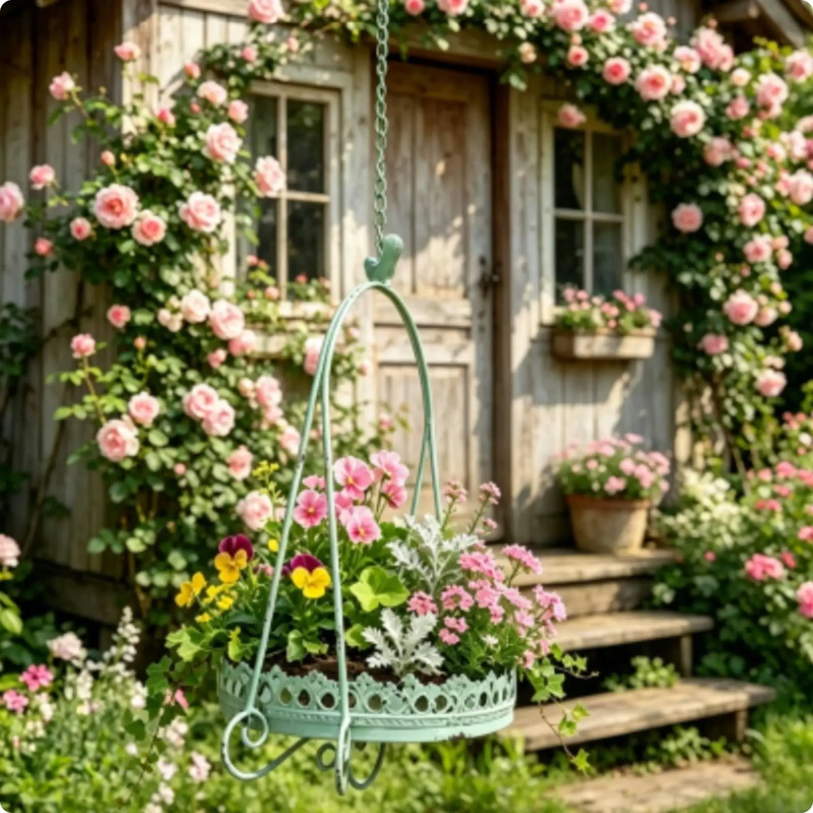 Cesta colgante de cadena para plantas y flores – Soporte estilo francés para balcones - imagen 5