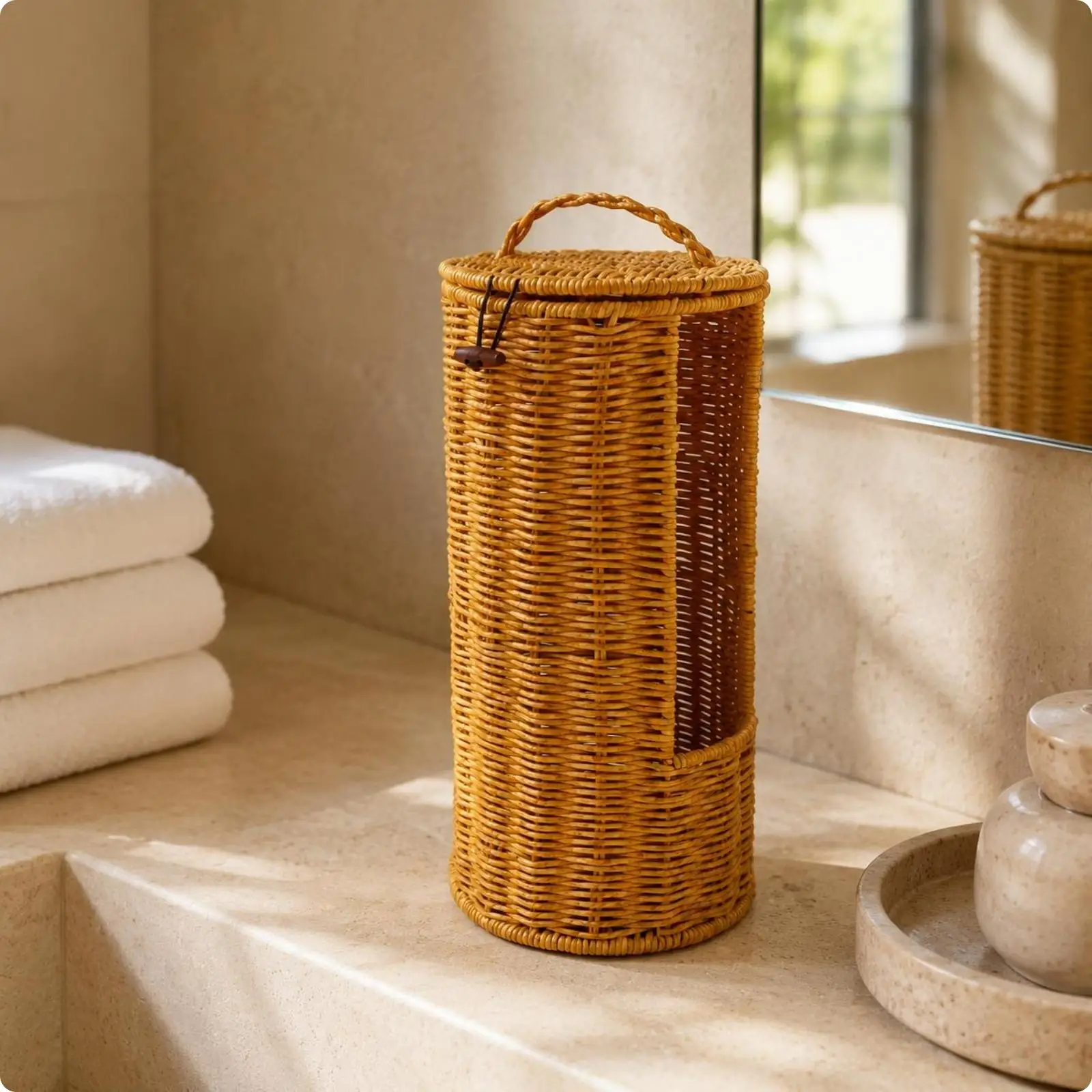 Portarrollos mimbre con tapa cesta alta para baño y hogar - imagen 5