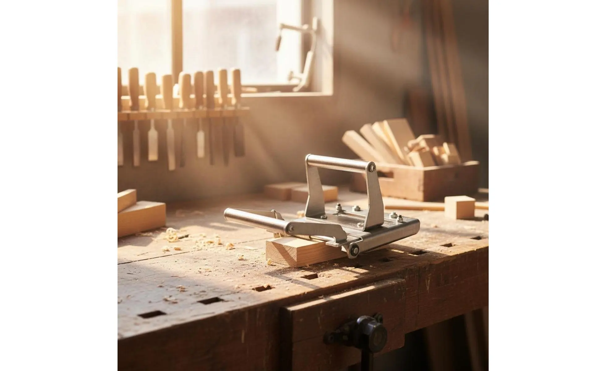 Cortadora manual de bandas de madera en uso sobre tablero