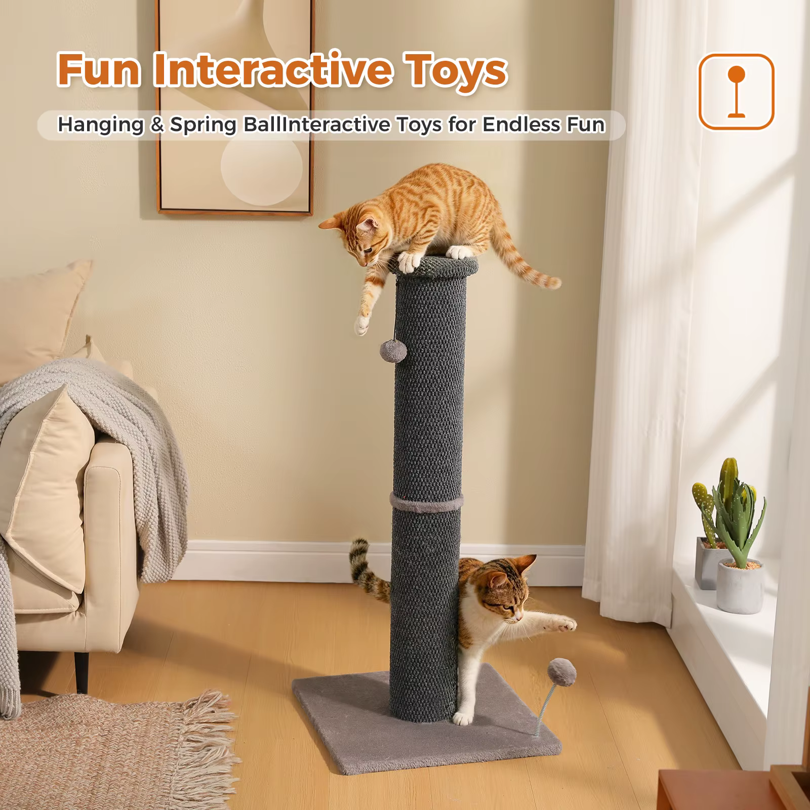 Poste rascador alto para gatos adultos de interior, base reforzada - imagen 4
