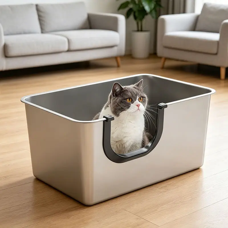 Caja de arena para gatos en acero inoxidable – Antisalpicaduras con entrada U - imagen 3