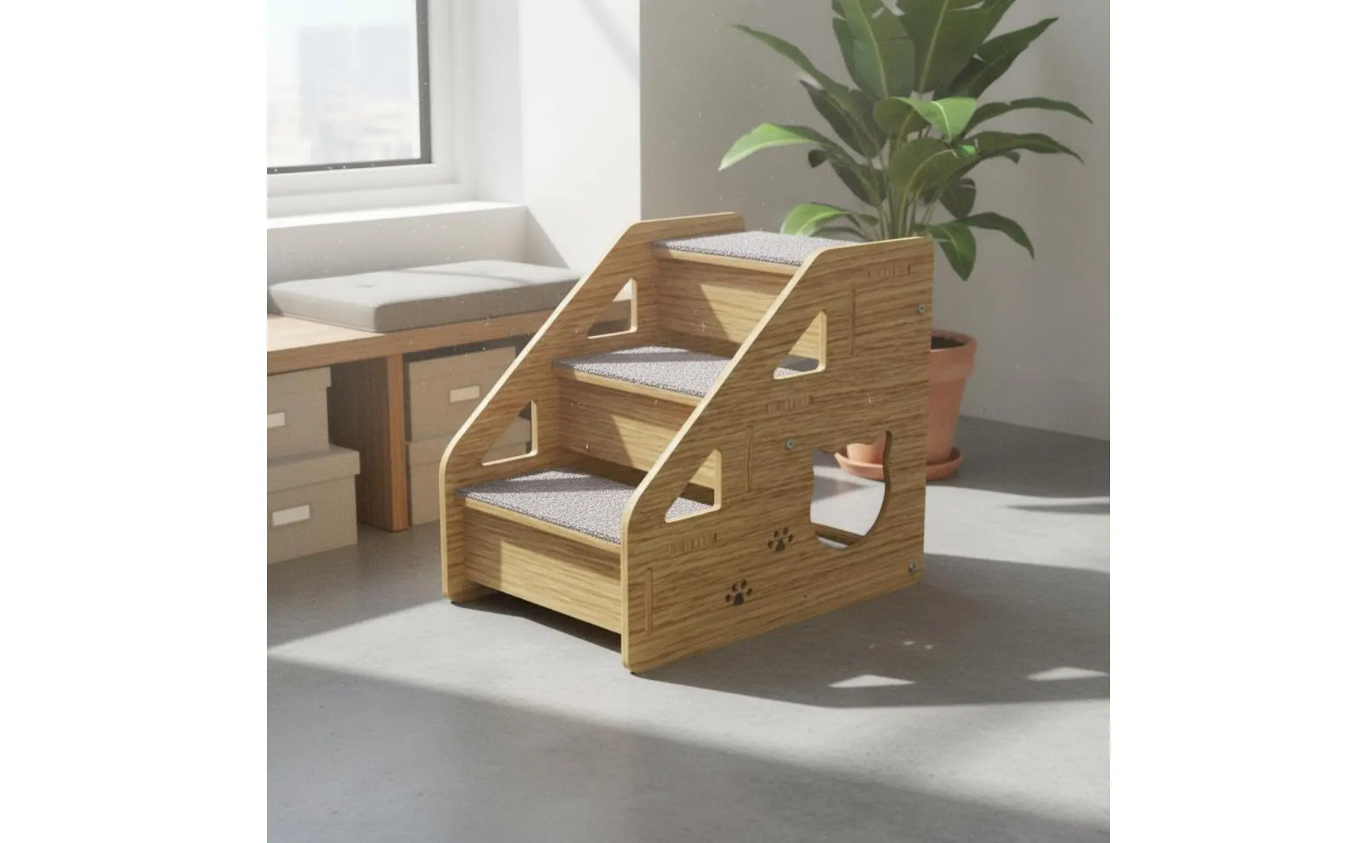 Escaleras de madera junto a un sofá
