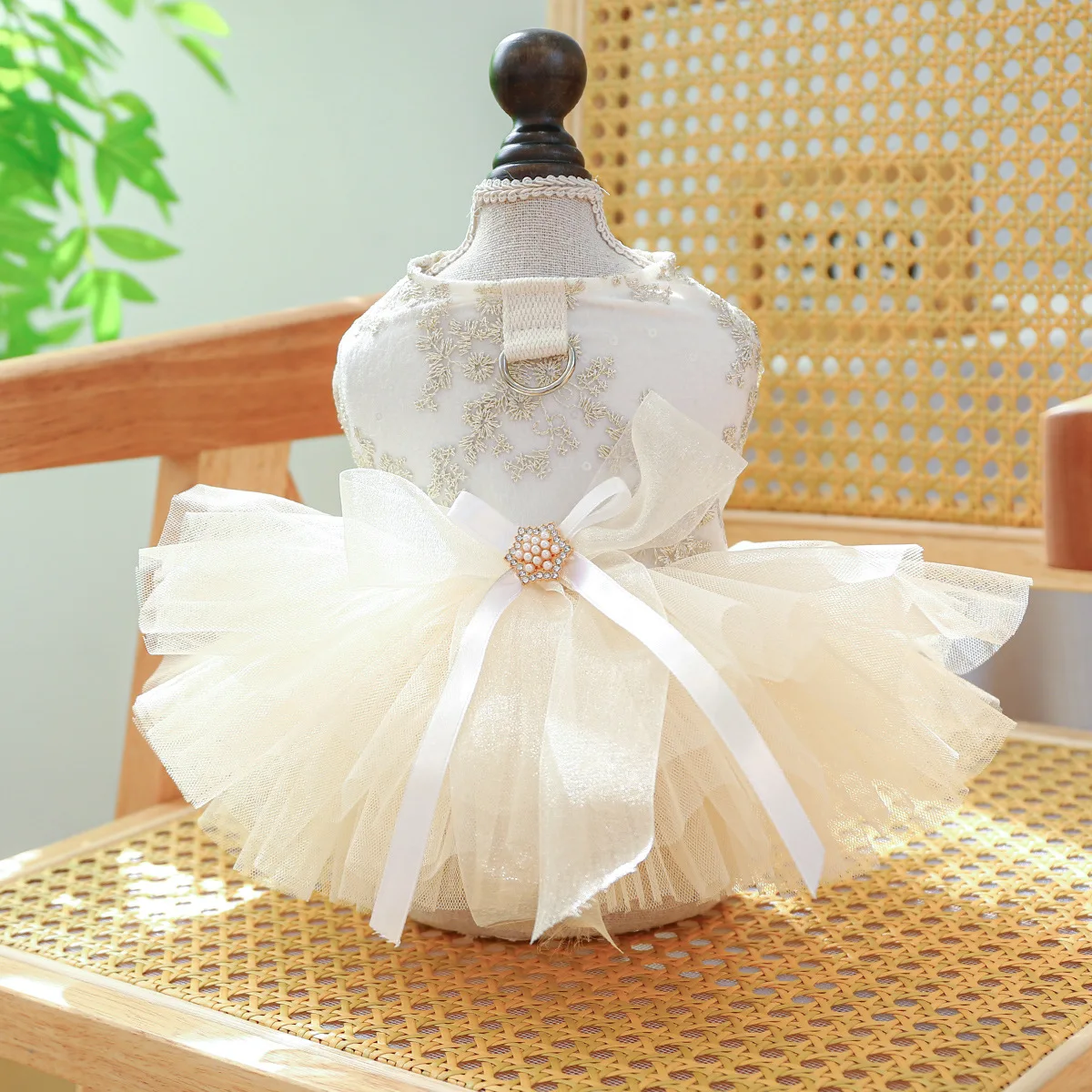 Mascota con vestido formal en evento de boda