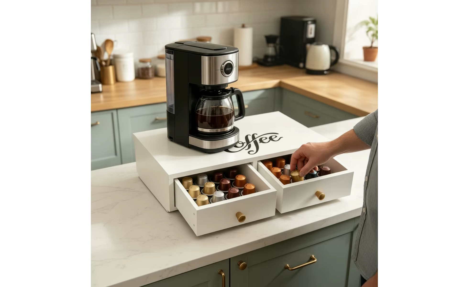 Soporte para cafetera con cajones y estética “Coffee”