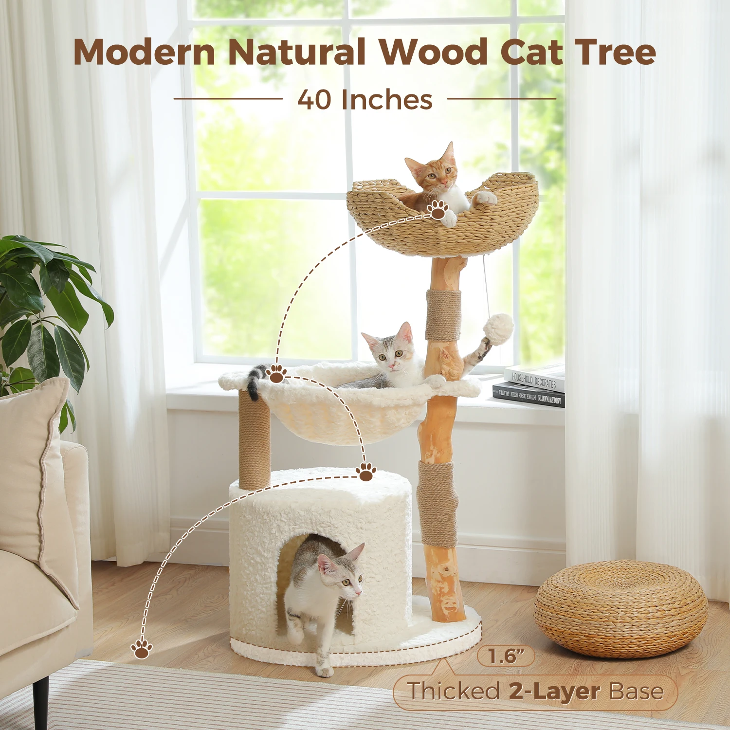 Torre para Gatos con Hamaca y Cesta de Mimbre – Móvil de Madera Natural - imagen 4