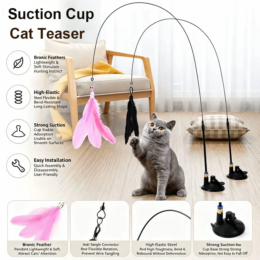 Palo interactivo para gatos con plumas y campana, ventosa - imagen 5