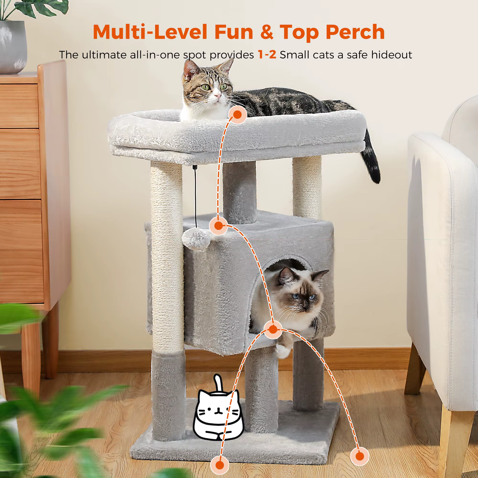 Torre rascador para gatos pequeños con cama y percha suave - imagen 4