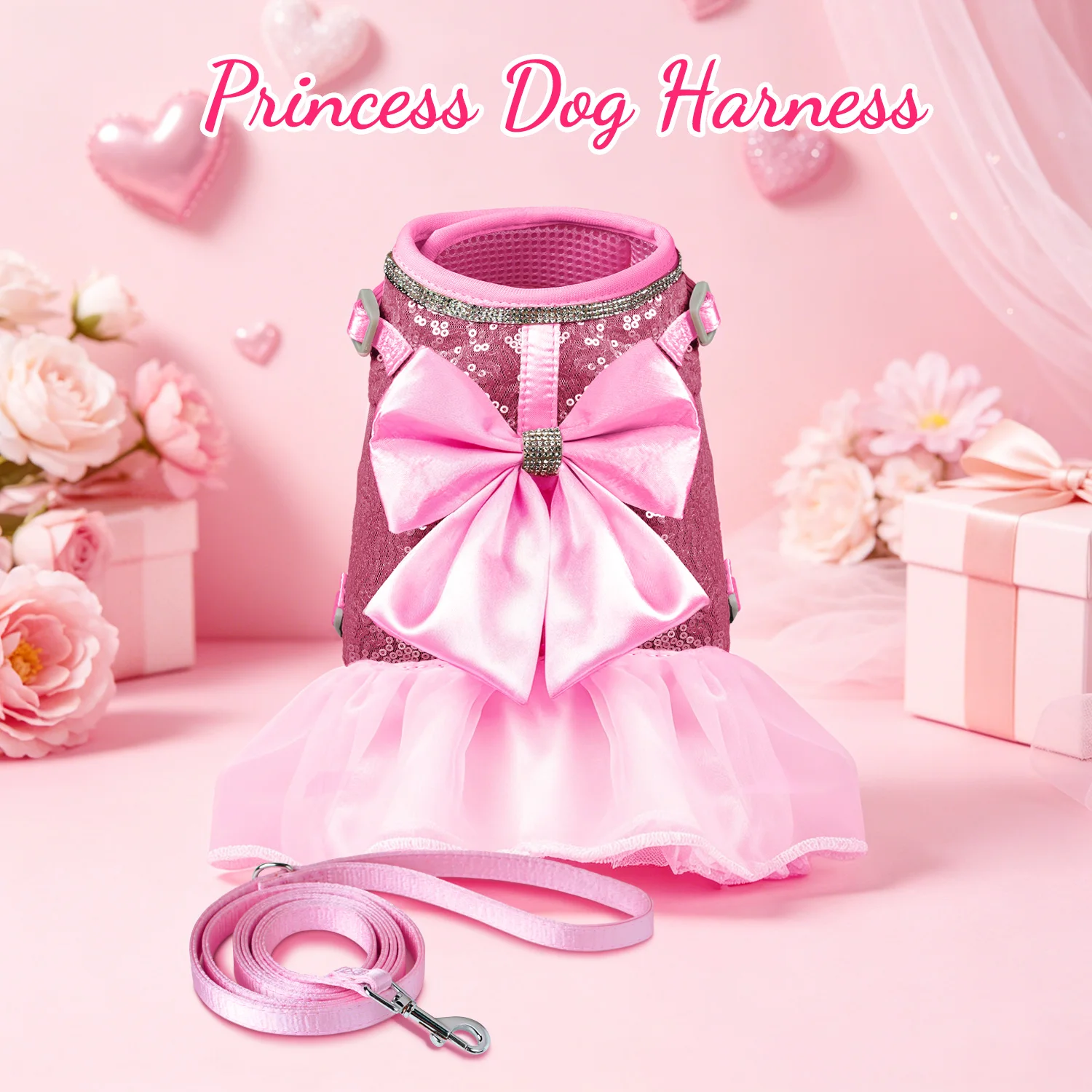Arnés con vestido princesa con lazo para perros y gatos pequeños