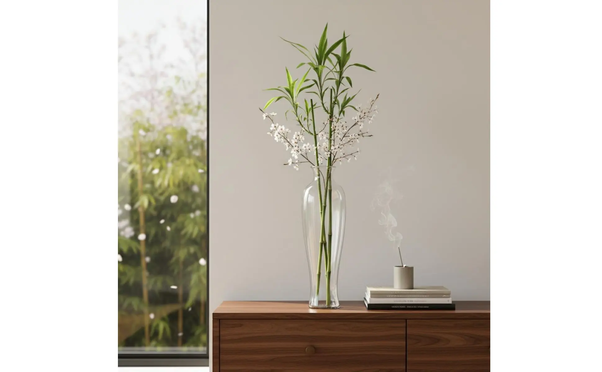 Florero de vidrio transparente de diseño japonés en mesa