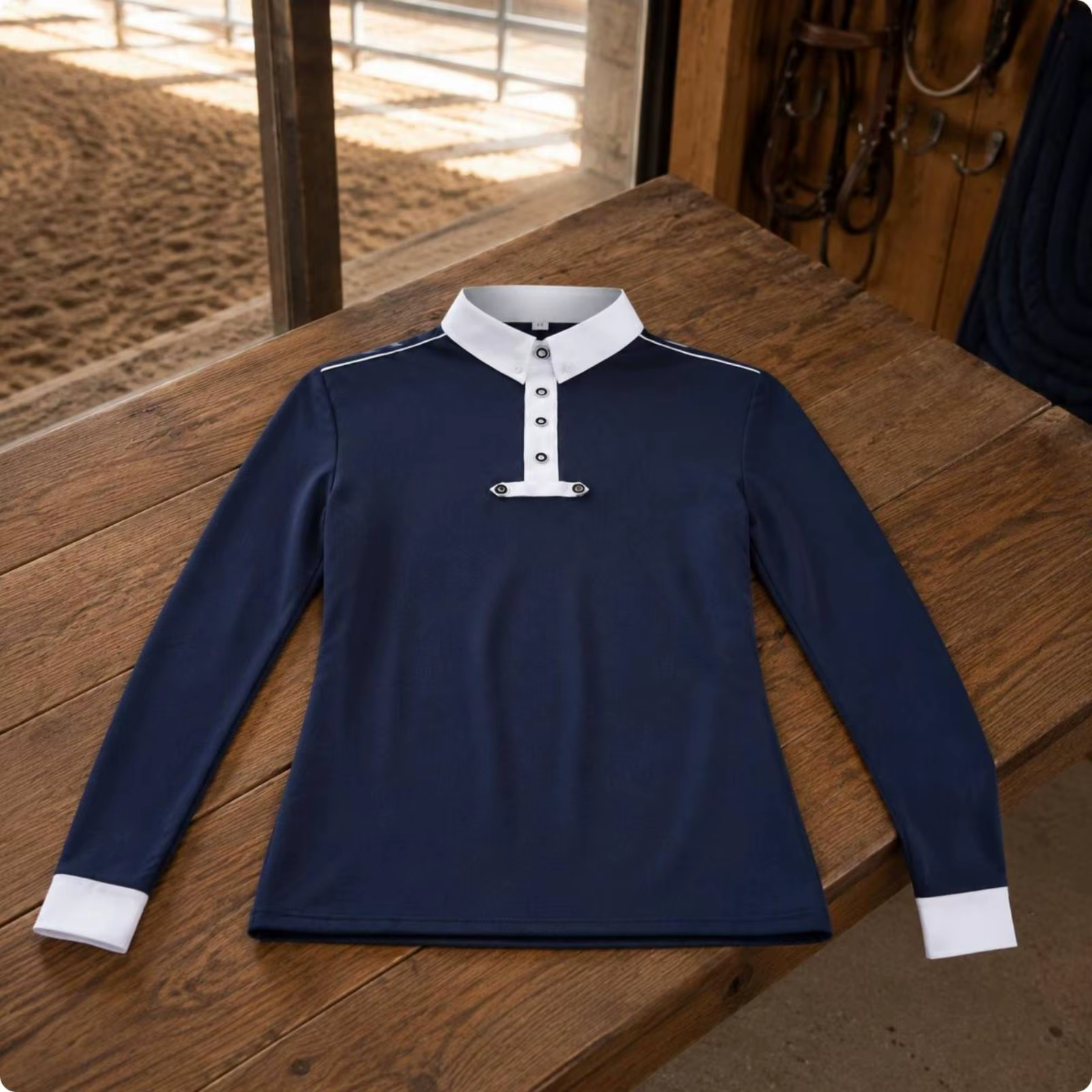 Polo ecuestre elástico de manga larga para hombre con cuello alto - imagen 2