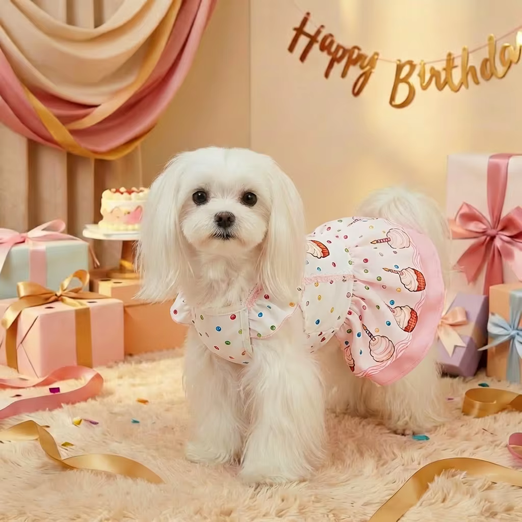 Vestido para perro en entorno de fiesta de cumpleaños