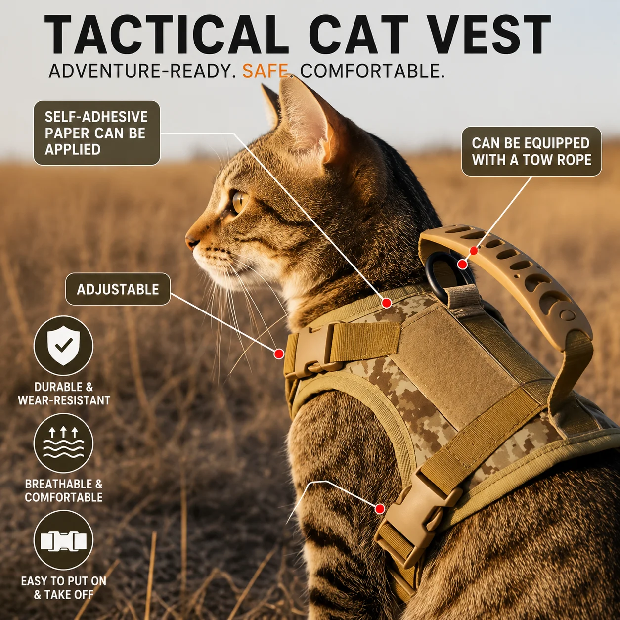 Arnés Táctico Antiescape para Gatos con Correa y Guante Deslanador - imagen 4