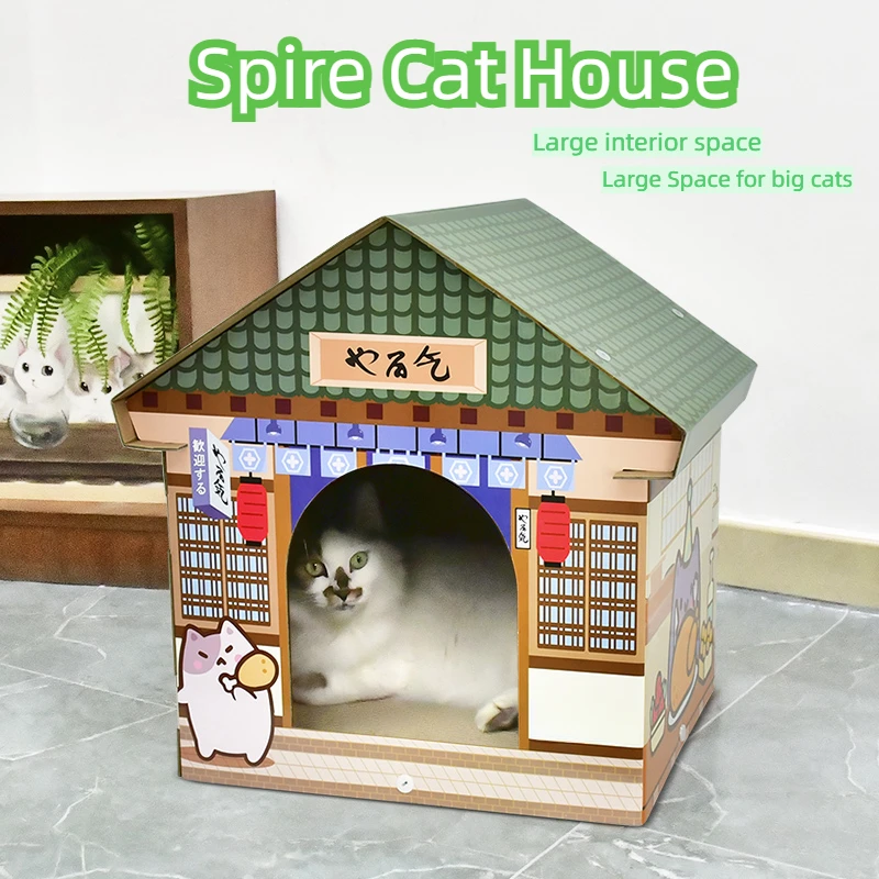 Casa para gatos con rascador de cartón corrugado