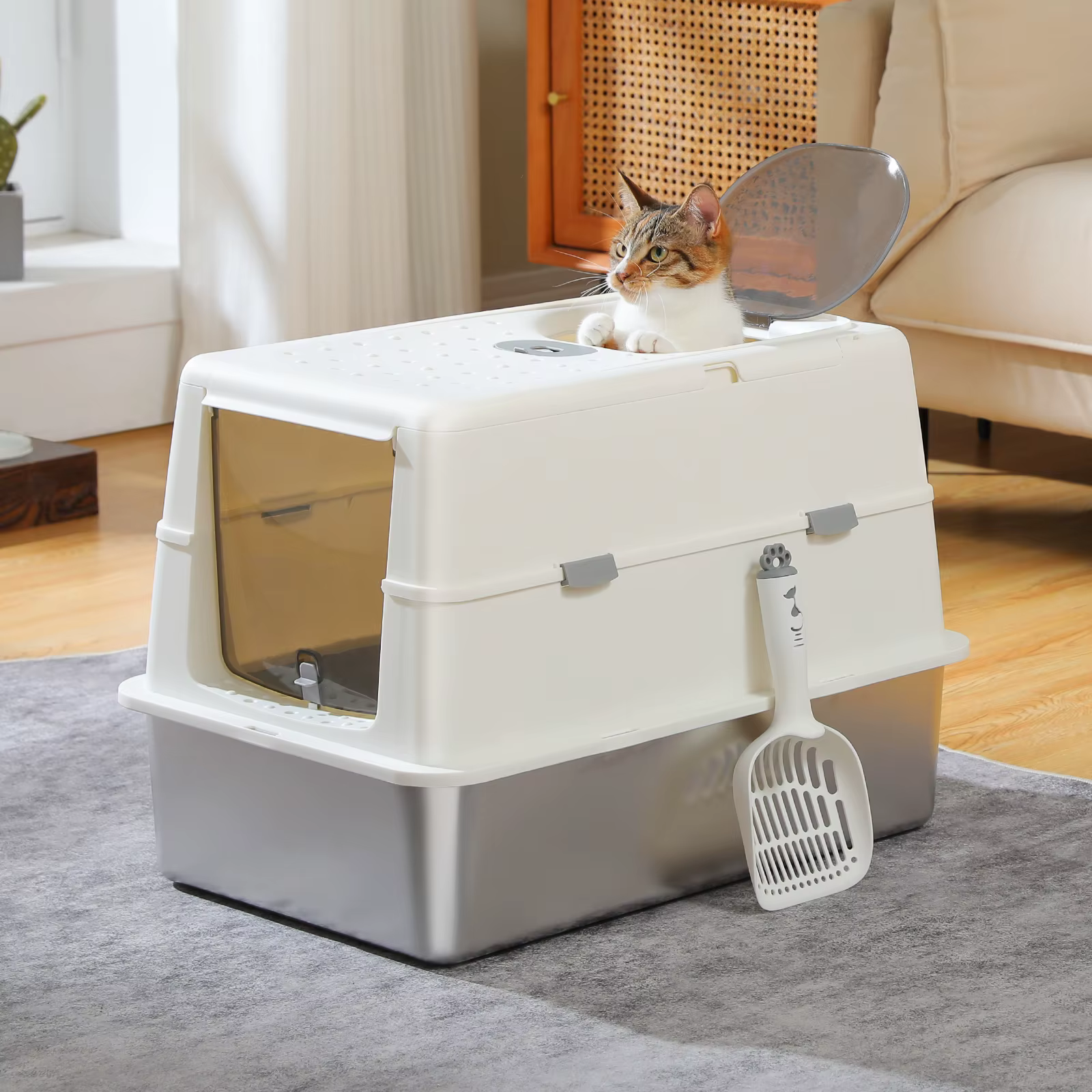 Caja de arena para gatos XL de acero inoxidable con tapa y escalón - imagen 3