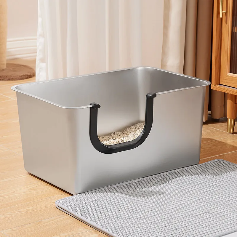 Caja de arena para gatos en acero inoxidable – Antisalpicaduras con entrada U - imagen 4