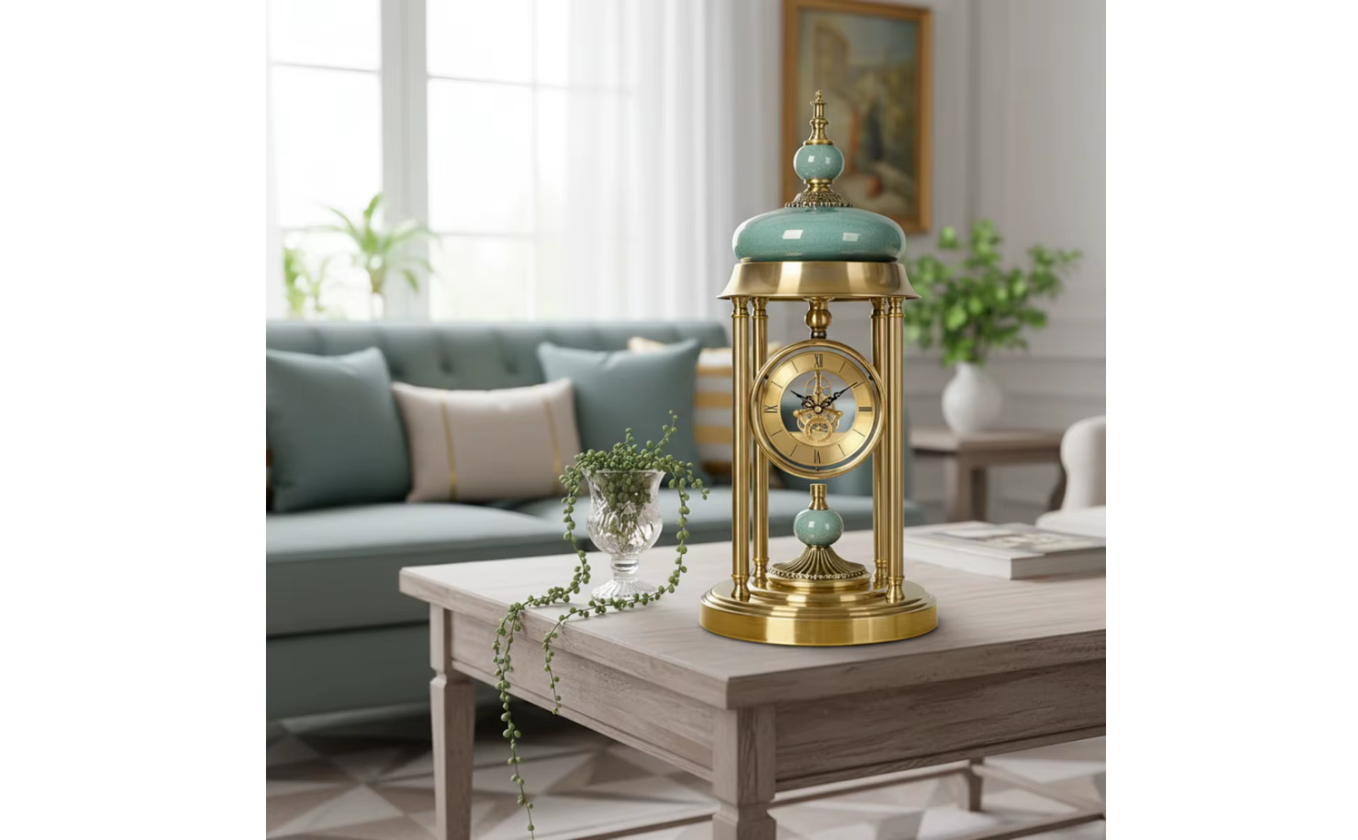 Reloj de mesa con números romanos y acabado envejecido sobre superficie decorativa
