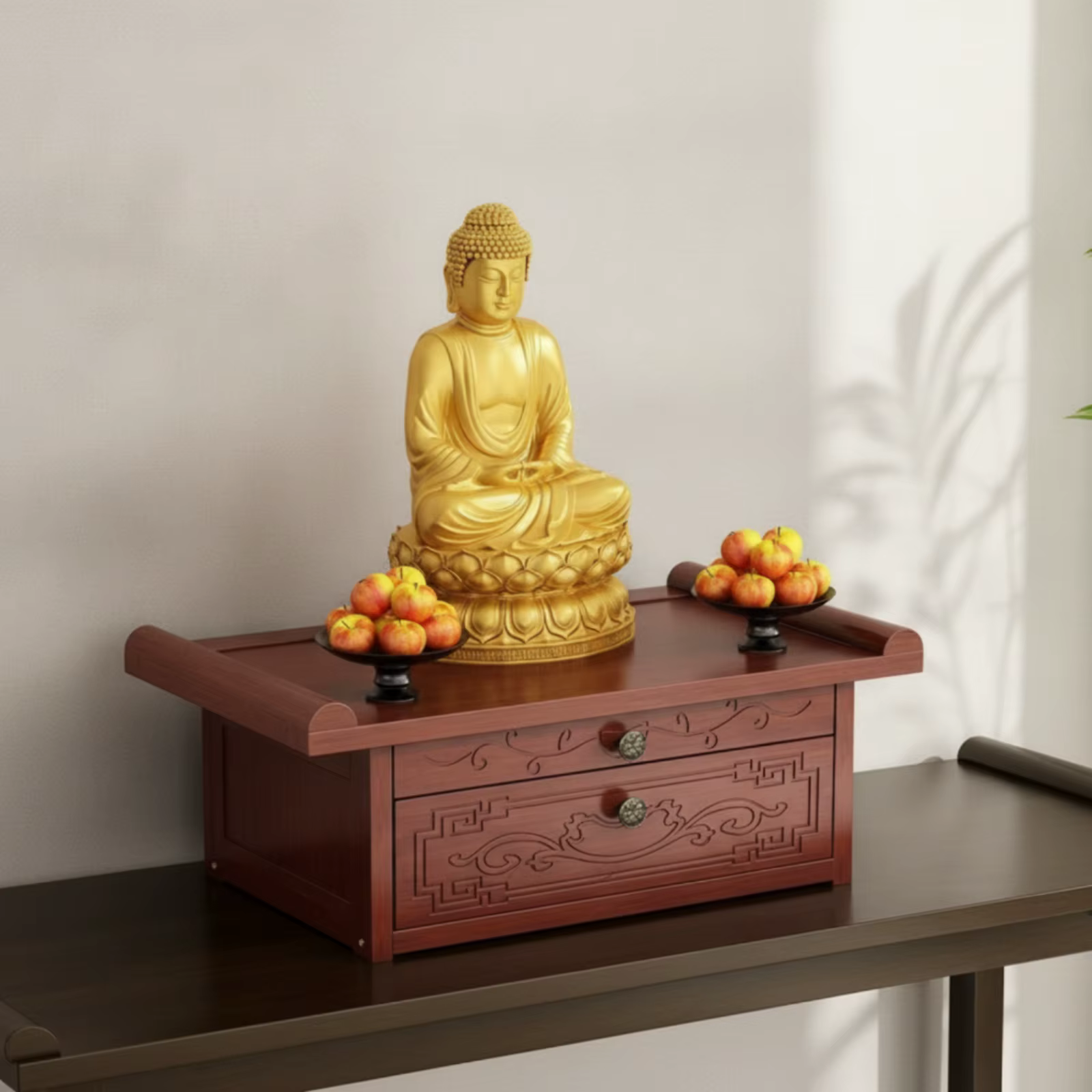 Mesa altar budista tallada con cajón, mueble compacto y resistente - imagen 2