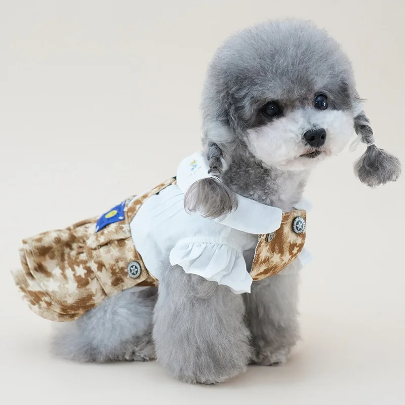 Vista frontal del vestido de mezclilla para perro