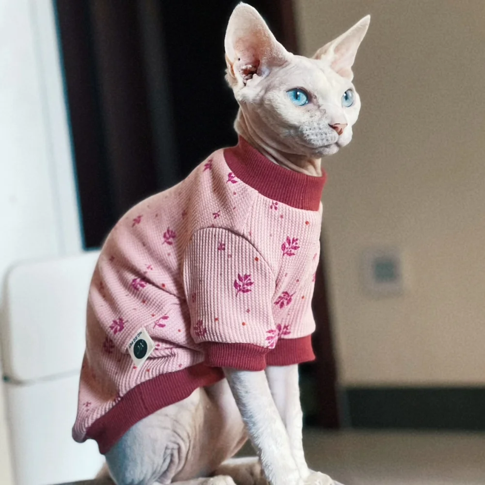 Camiseta elástica suave para gato Sphynx azul primaveral – Ropa floral rosa - imagen 2