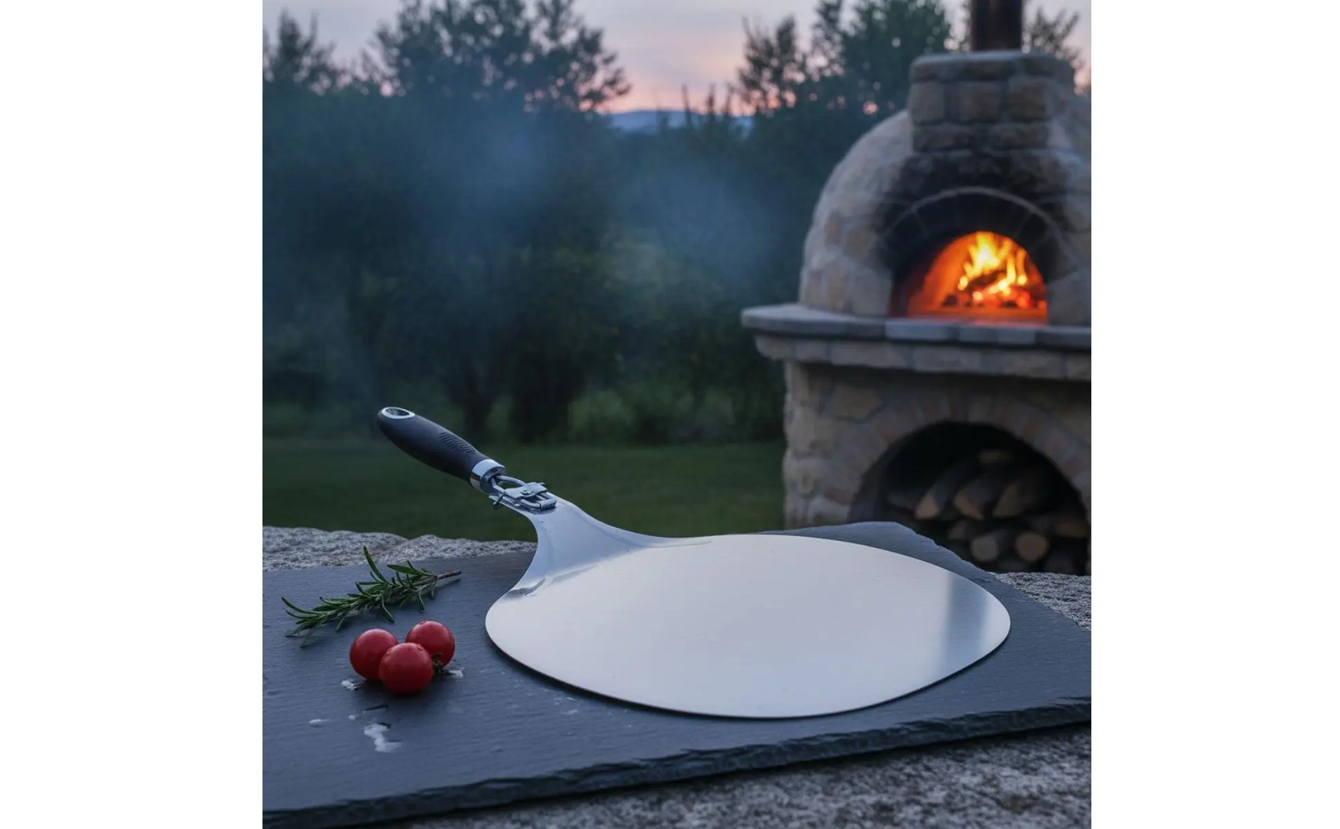Superficie metálica resistente y fácil de limpiar para mover pizzas con seguridad