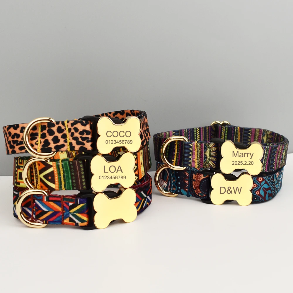 Collar étnico con placa grabada para perro