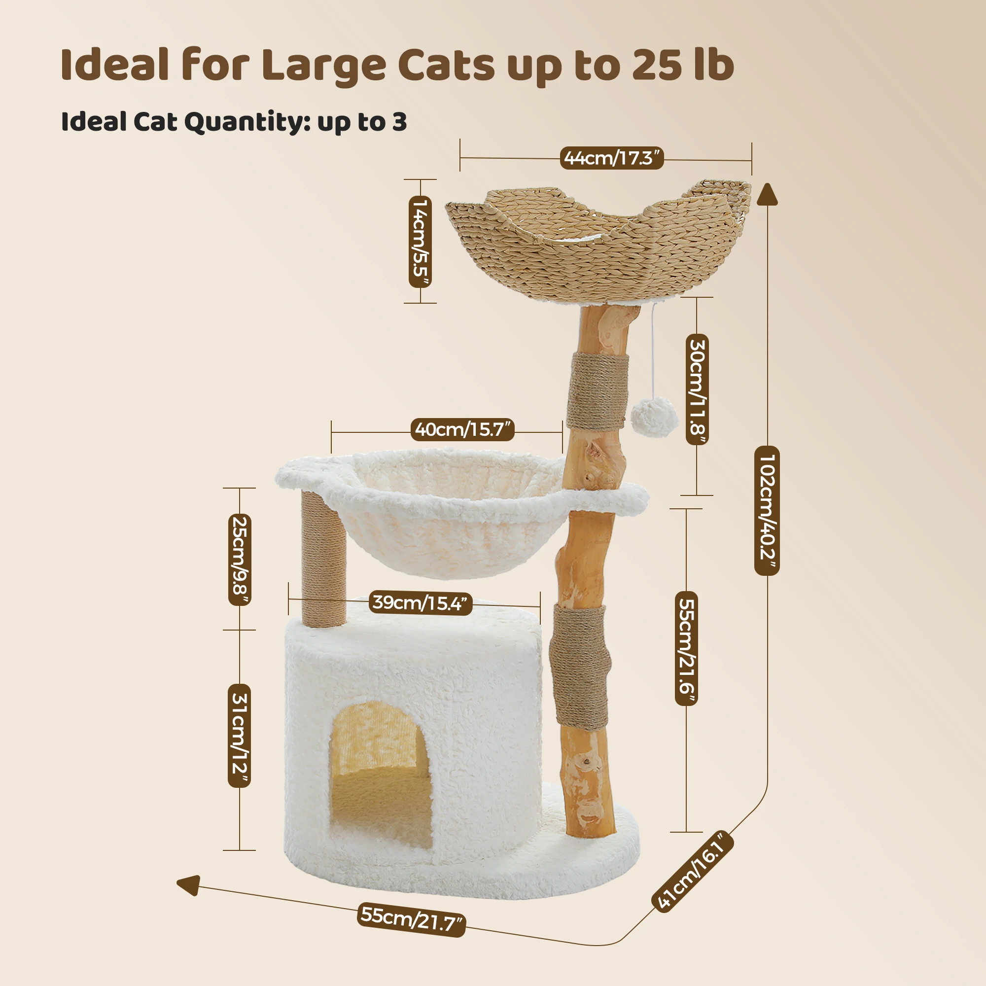 Árbol para gatos moderno con cesta de mimbre y estructura de madera natural