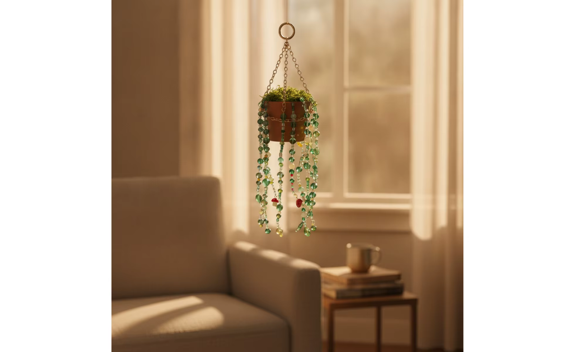 Ornamento maceta colgante boho con cuentas y cadena disco ball