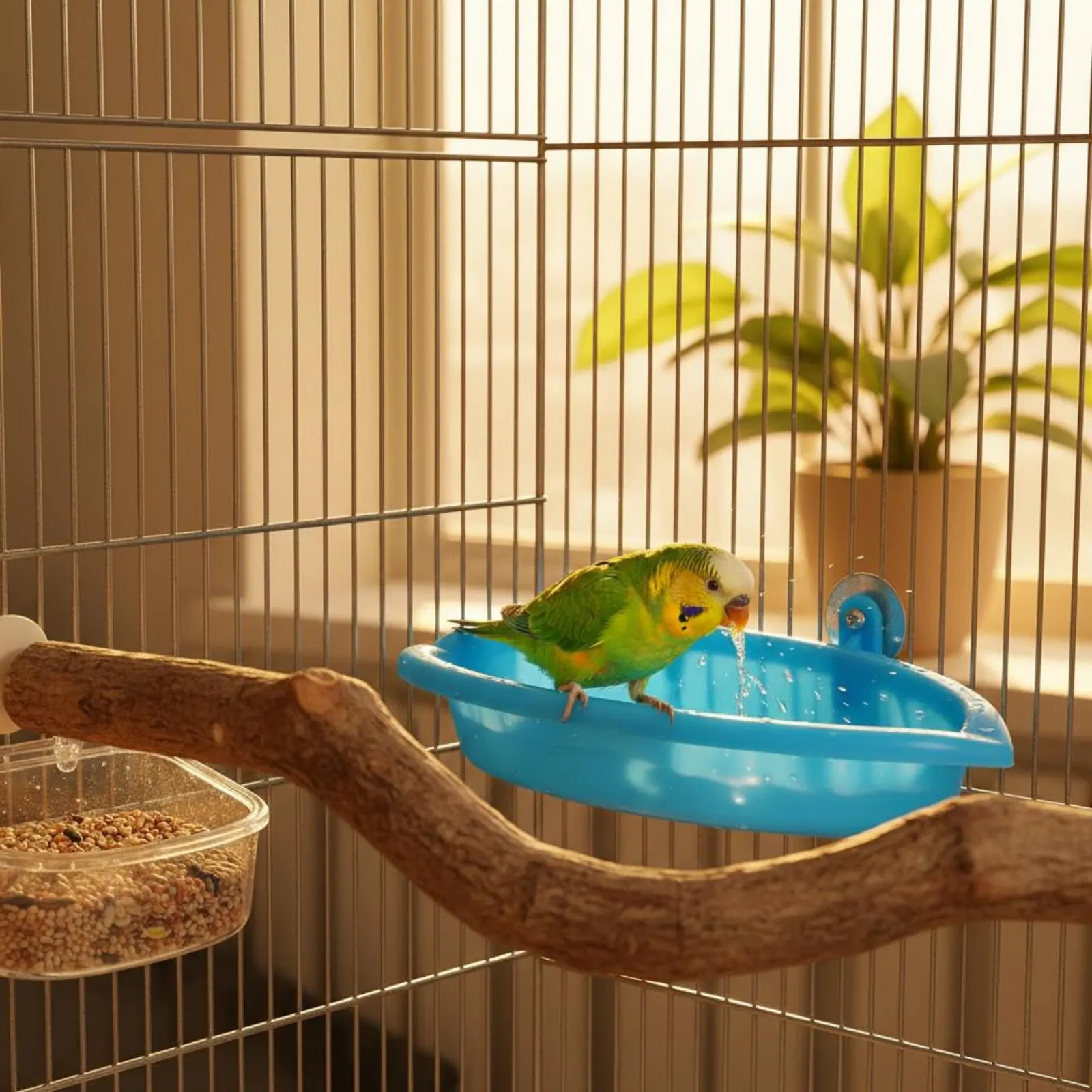 Bañera para periquitos con espejo, bandeja y ducha segura de plástico - imagen 4