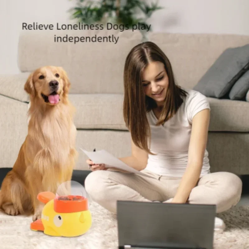 Instrucciones de uso del dispensador interactivo de golosinas para gatos con forma de pato amarillo