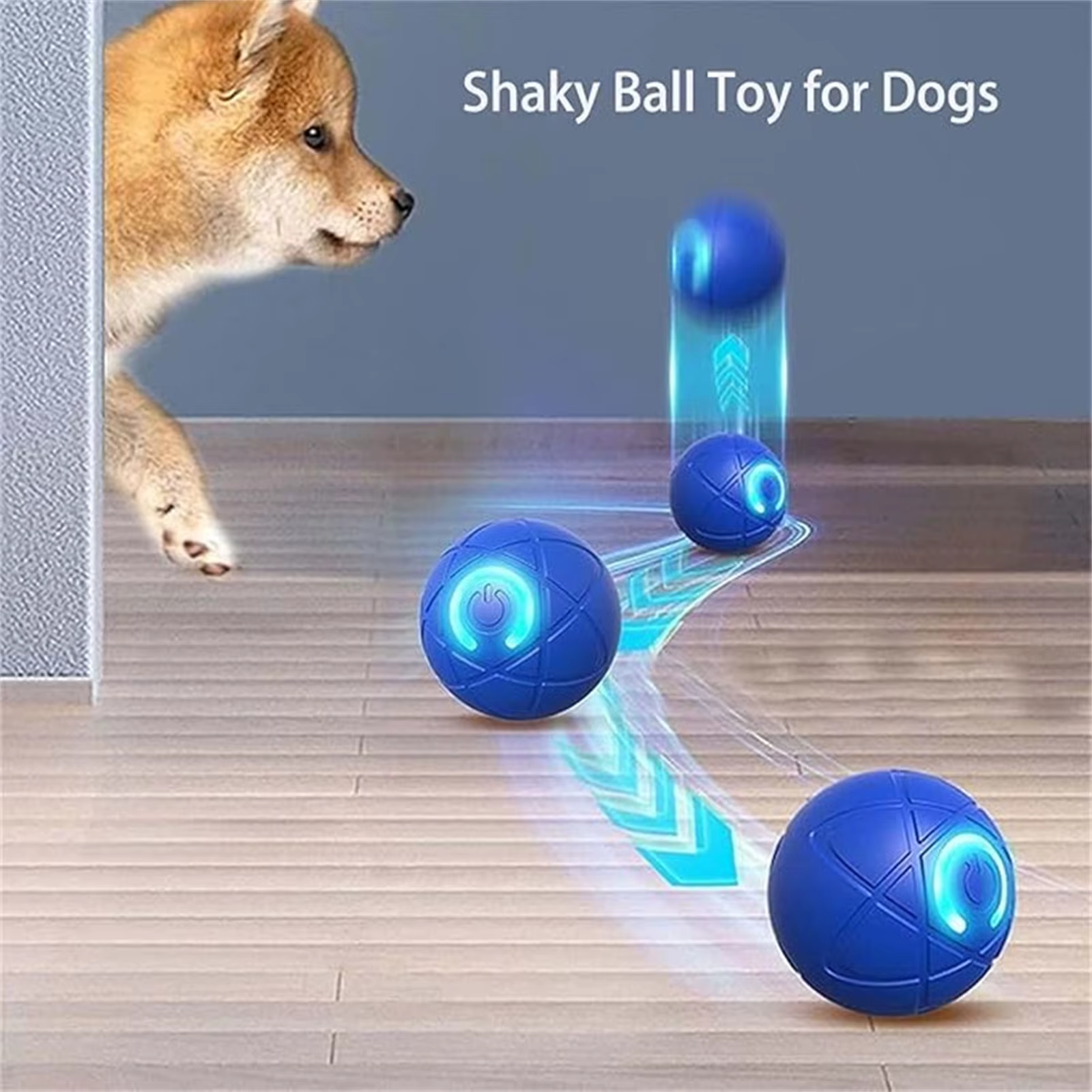 Pelota azul rodante sobre superficie clara